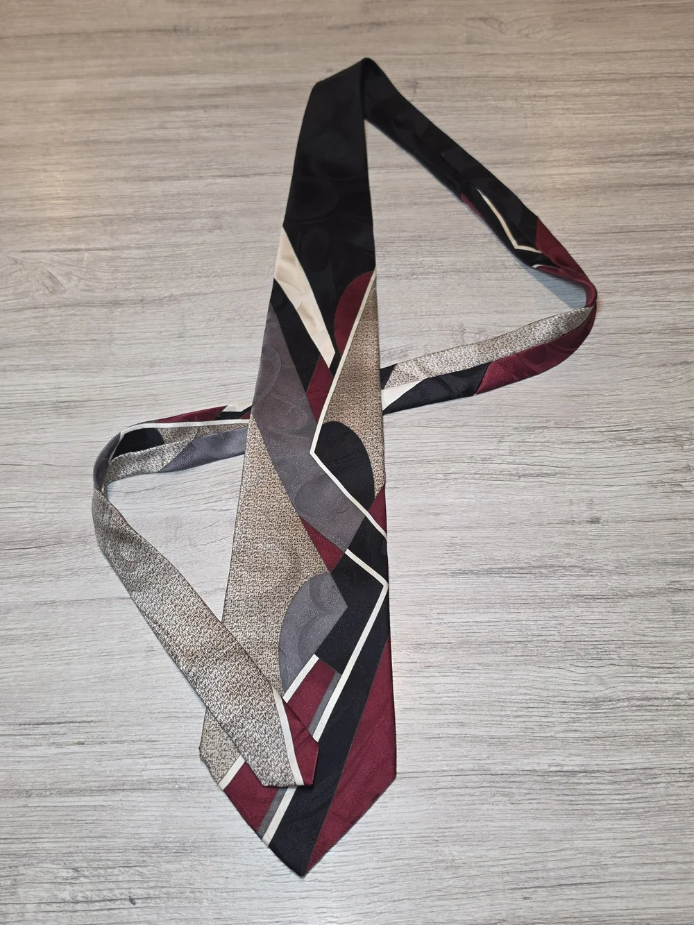 Vintage Oleg Cassini Necktie Men's Abstract 100% Silk Red, Tan, Gray, Black